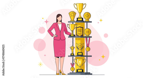 Successful Businesswoman with Trophies Displaying Achievement, Success, Awards, and Wins