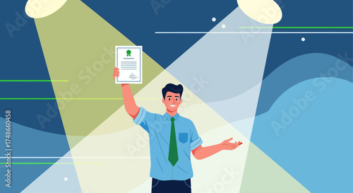 Successful Professional Proudly Displays Achievement Certificate In Dramatic Spotlight