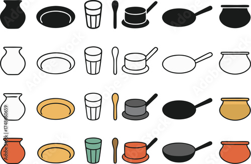 Collection of Geometric Style Icons Representing Kitchenware and Utensils for Culinary Applications