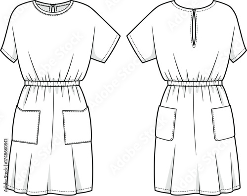 Short sleeve dress illustration, technical drawing, round neckline, elastic waistband, patch pockets, keyhole back, garment sketch, apparel template, sewing pattern, fashion flat