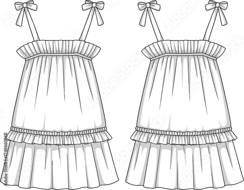 Spaghetti strap dress, sleeveless illustration, ruffle neckline, layered skirt, bow strap detail, garment sketch, apparel design, sewing pattern, fashion flat, elegant style