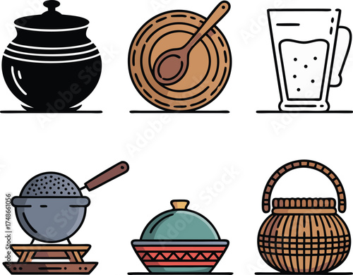 A Collection of Six Geometric Style Icons Representing Various Kitchen Utensils and Food Containers in a Simple and Clean Design