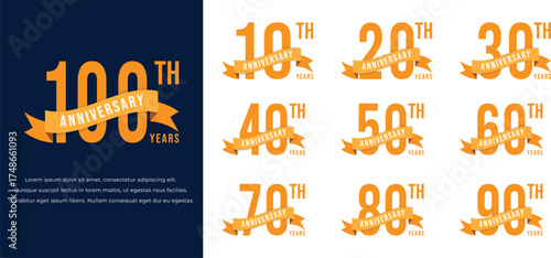 Set of anniversary 10th to 100th logo orange color on dark blue and white background for celebration