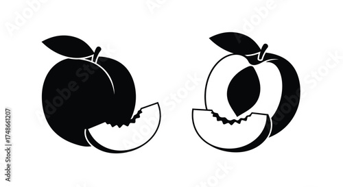 A whole peach and a sliced peach depicted in black and white