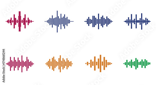 Visual representation of sound waves and audio signals on white background