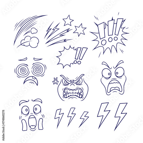 Collection Of Cartoon Faces Expressing Various Emotions Like Anger, Shock, And Dizziness, Along With Comic Book Style Sound Effects And Lightning Bolts, Isolated On White Background