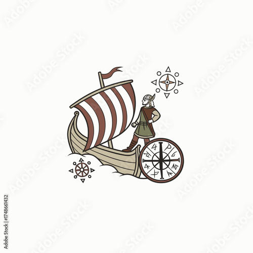 Viking Longship Line Art – Leif Erikson Day Scandinavian Illustration 