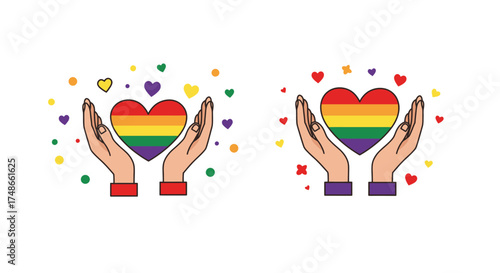 Hands cradling rainbow hearts with colorful confetti representing love and support