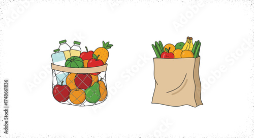 Colorful sketch of two paper bags overflowing with fresh produce