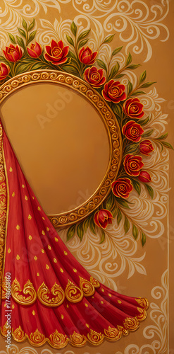 golden frame with red flowers and bridal veil, wedding invitations card template, graphic design illustration wallpaper 