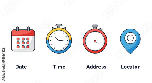 Colorful icons depicting calendar clocks and location pinpoint symbols shown
