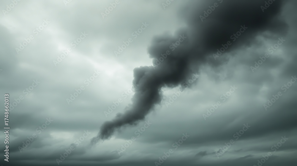 Fototapeta premium Dark smoke rises amidst a sky filled with heavy, ominous clouds, creating a scene of foreboding and uncertainty. Contrast and drama in nature.
