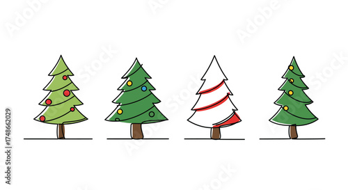 Four simplistic christmas trees with colorful lights and one bare tree