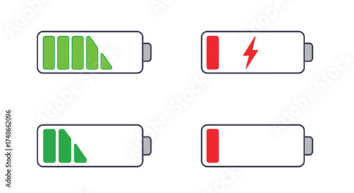 Comparing a partially and fully charged battery icons on a white background