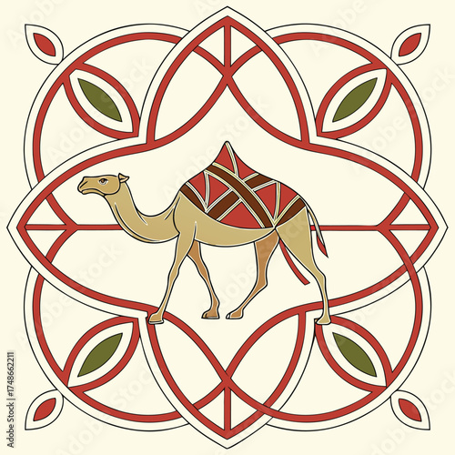 Seamless pattern of camel illustration in decorative frame vintage style vector design middle eastern concept
