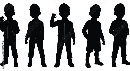Silhouette group of five young boys in casual clothing standing together