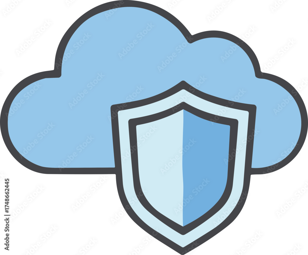 Fototapeta premium Cloud security icon featuring shield on blue background in flat design