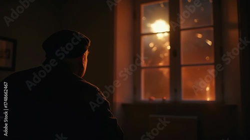 Veteran flinching at fireworks reflection in window, dim living room

