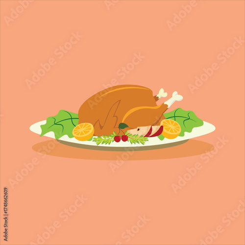 Flat vector illustration of a roasted turkey served on a plate with vegetables, lemon slices, and garnish