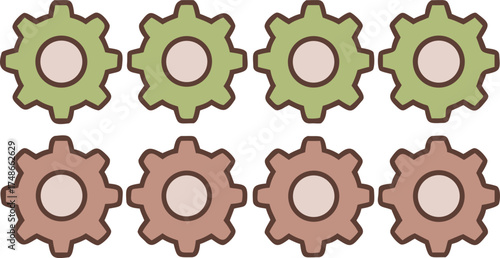 Abstract cogwheel pattern with repeating mechanical gears in green and pink hues
