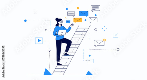 Success-Oriented Professional Climbing Ladder While Managing Email Communications Efficiently