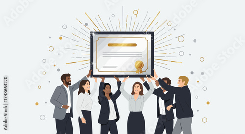 Successful Team Celebrates Achievement Holding Formal Certificate Of Accomplishment Together