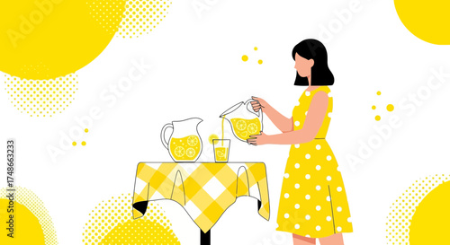 Summertime Beverage: Lady Pouring Lemonade In A Yellow Dress, Modern Illustration