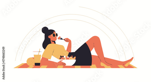Sunbathing Woman Enjoying Snack on Seaside: Leisure and Relaxation illustration
