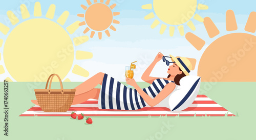 Sun-Kissed Luxury: A Woman's Tranquil Picnic on a Sunny Summer Afternoon