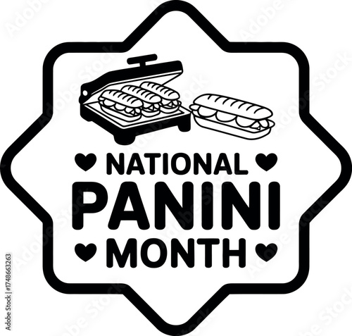 Vector art of national panini month badge with panini press and sandwich