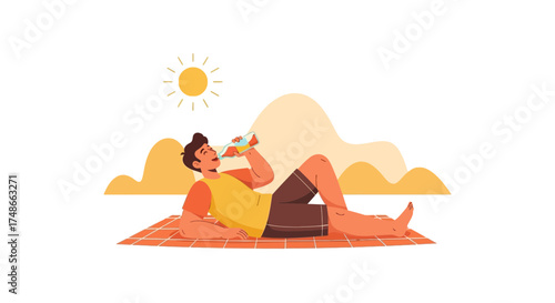Sunbathing Young Man Drinking Refreshment on Summer Day, Vector Illustration