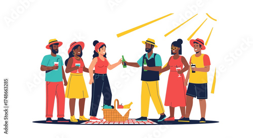 Sunny Gathering Of Friends Enjoying Beverages And A Festive Picnic Outdoors