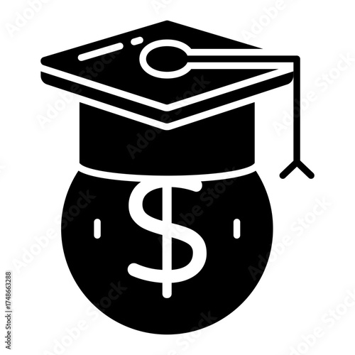 Mortarboard with dollar, solid design icon of educational grant