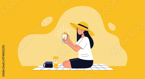 Sunscreen Application Of A Woman On A Sunny Day, Beauty Illustration