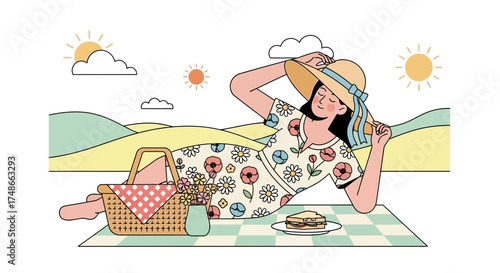 Sunny Picnic Illustration Depicting Leisurely Moments and Relaxation Outdoors