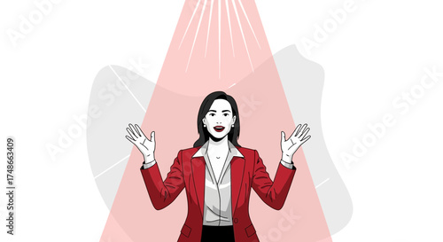 Surprised Businesswoman Illuminated by Spotlight, Displaying Confidence and Excitement