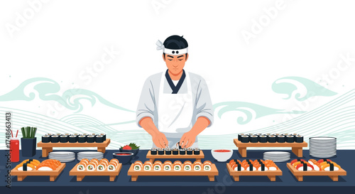 Sushi Chef Expertly Crafting A Delicious Japanese Gourmet Meal Table Setting Presentation