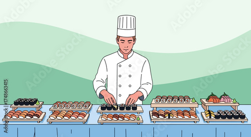 Sushi Chef At Work, Preparing Delicious Japanese Cuisine Displayed For Everyone