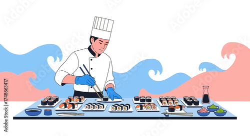 Sushi Chef Artfully Plates Culinary Masterpieces with Precision and Grace