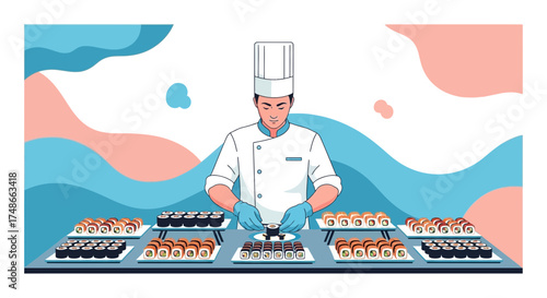 Sushi Chef Expertly Crafting Fresh Rolls in a Modern Kitchen Setting with Stylish Design