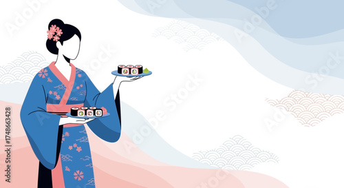 Sushi Presentation Geisha: Japanese Food Illustration With A Blue Artistic Background
