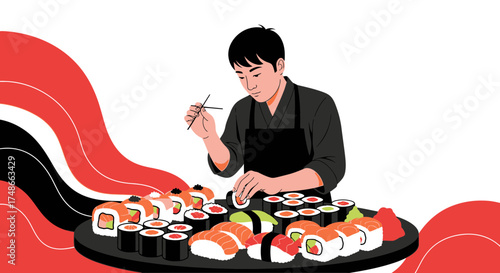 Sushi Chef Preparing Fresh Japanese Cuisine for a Beautiful Feast Illustration