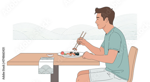Sushi Enthusiast Enjoying Delicious Meal with Chopsticks at Restaurant Table Setting