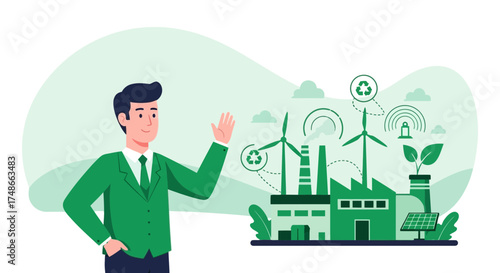 Sustainable Energy and Green Technology Illustration Featuring Wind Turbines and Factories
