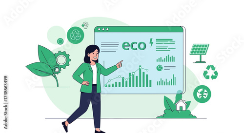 Sustainable energy presentation: business woman shows ecological and green energy graphs