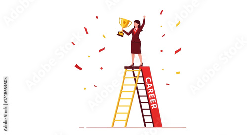 Successful Woman Celebrates Career Achievement Atop a Ladder with Trophy and Confetti