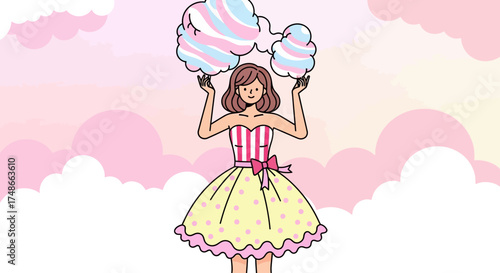 Sweet Dreams: A Woman in a Dress Holding Fluffy Cotton Candy with Pink Skies