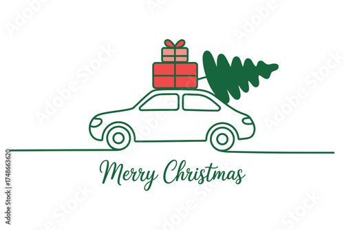 Vector art of merry christmas car with gift and tree