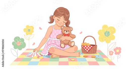 Sweet Girl Enjoying Picnic With Teddy Bear Amidst Colorful Flowers Happy Moments
