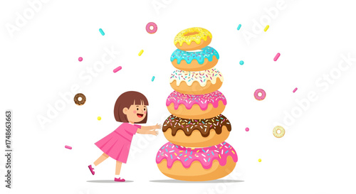 Sweet Girl Excitedly Reaching For A Tower Of Delicious Decorated Donuts Illustration